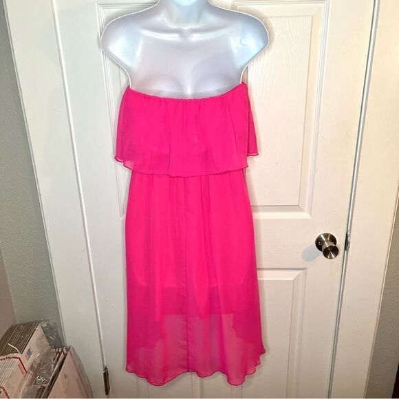 Nymphe Strapless Hi Lo Hem Chiffon Mini Dress Hot Pink S NWT - Picture 6 of 8